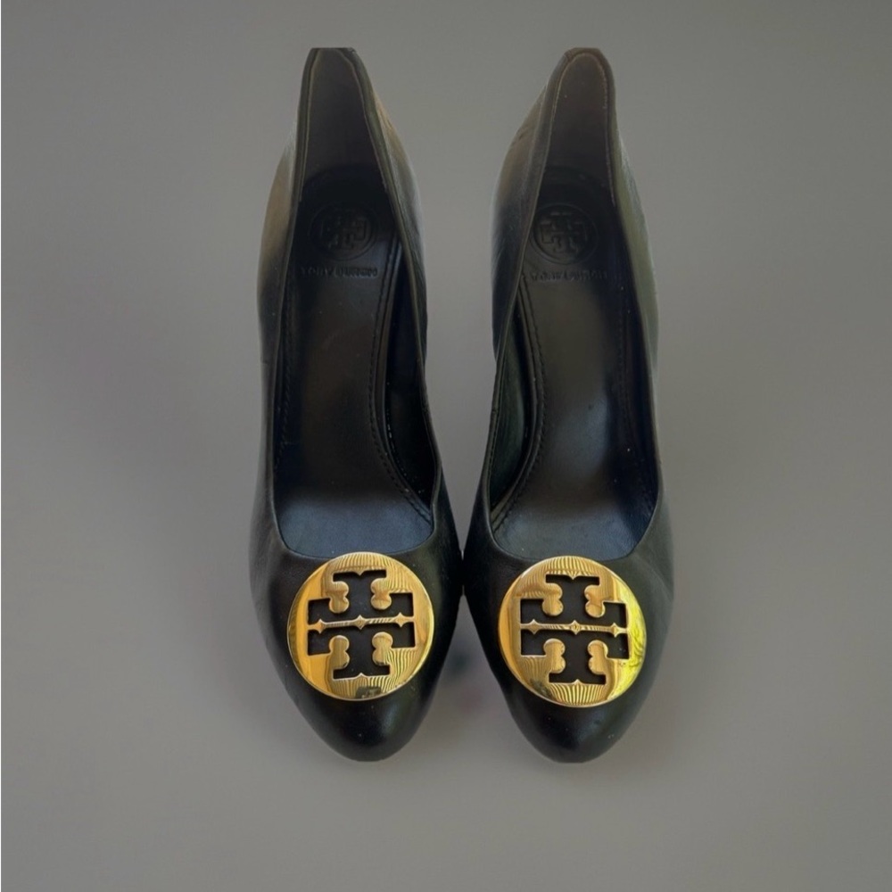 Tory Burch Black Leather Chelsea Wedge Pump with Gold Logo